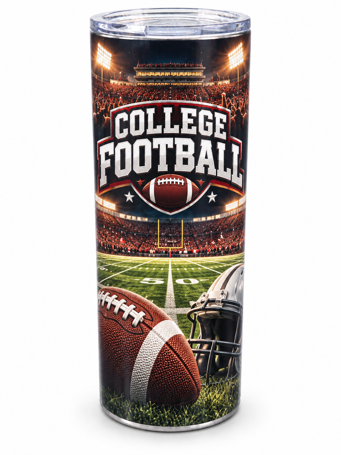 College Football — illustrative 20 oz skinny tumbler on white background