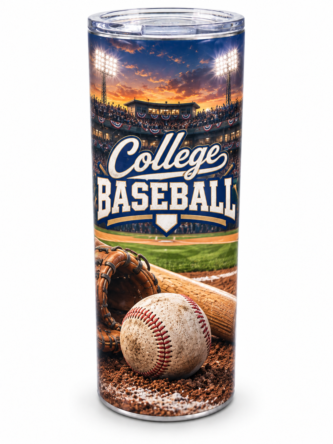 College Baseball — illustrative 20 oz skinny tumbler on white background