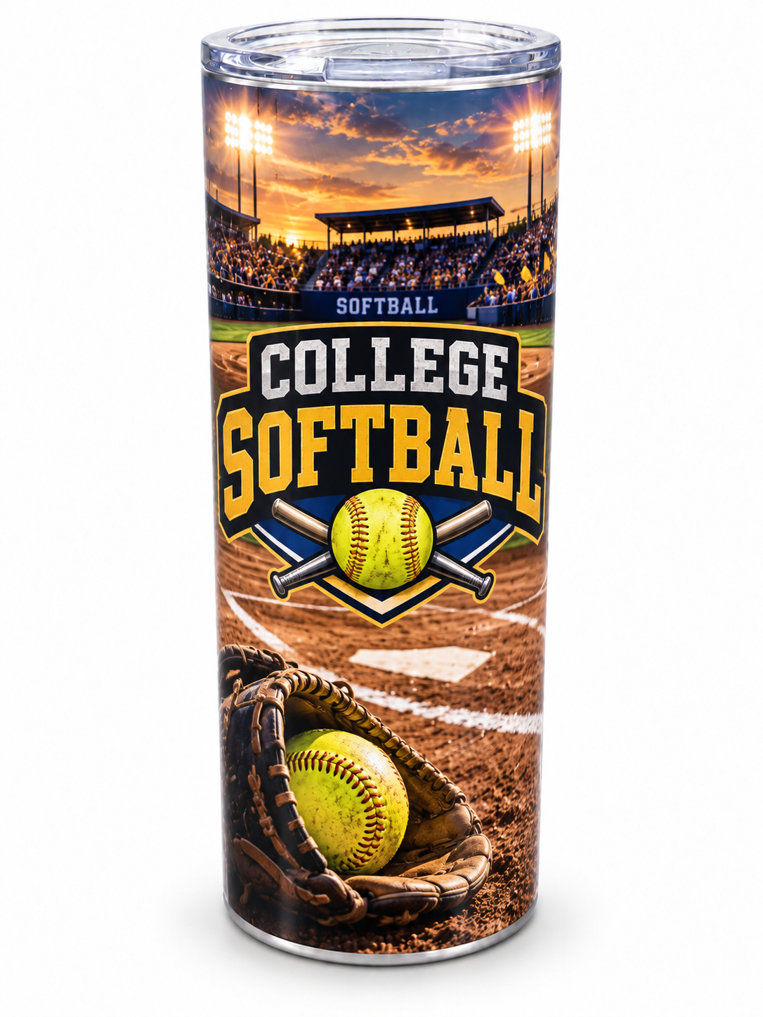 College Softball — illustrative 20 oz skinny tumbler on white background