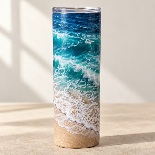Illustrative mockup: 20oz skinny tumbler with turquoise ocean waves crashing onto a sandy beach
